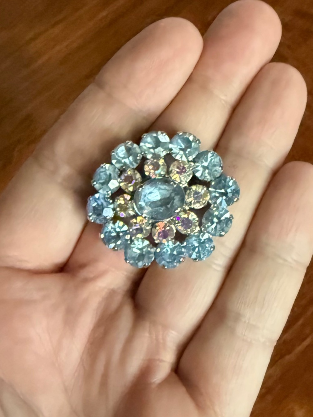 Vintage Rhinestone Circular Brooch Blue Sherman Style Mid Century Modern Pin